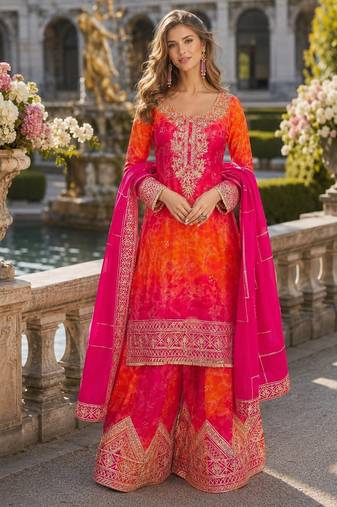 Orange chinon free size stitched suit with embroidery work