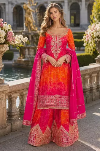 Orange chinon free size stitched suit with embroidery work