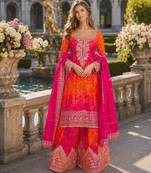 Orange chinon free size stitched suit with embroidery work