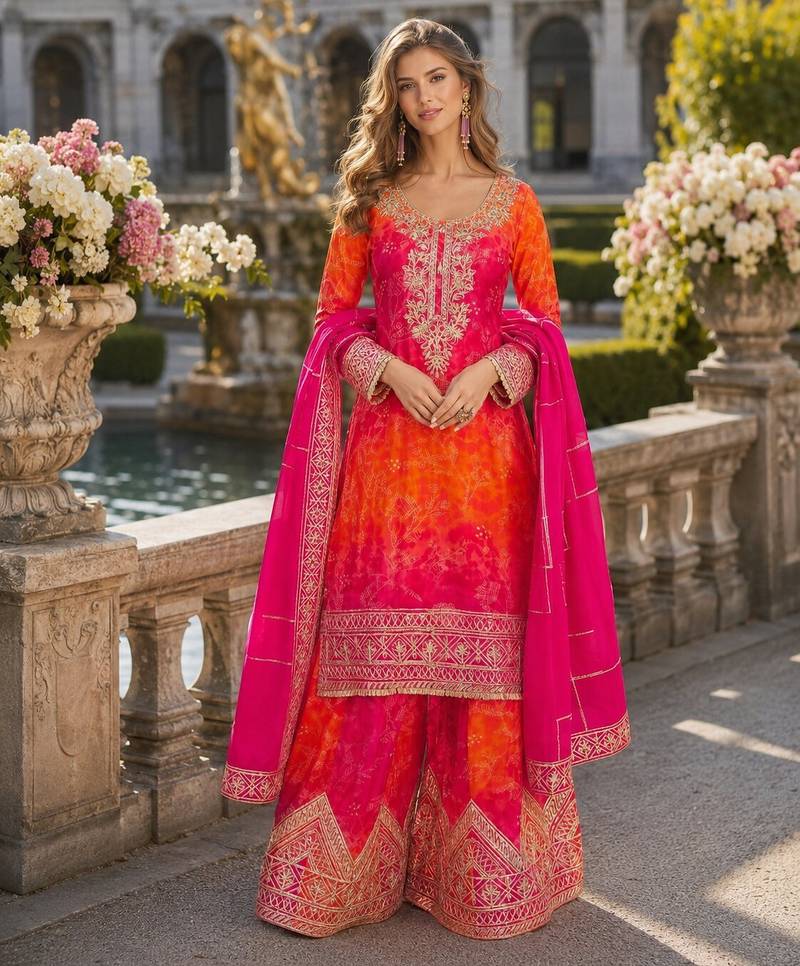Orange chinon free size stitched suit with embroidery work