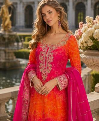 Orange chinon free size stitched suit with embroidery work 2