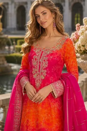 Orange chinon free size stitched suit with embroidery work