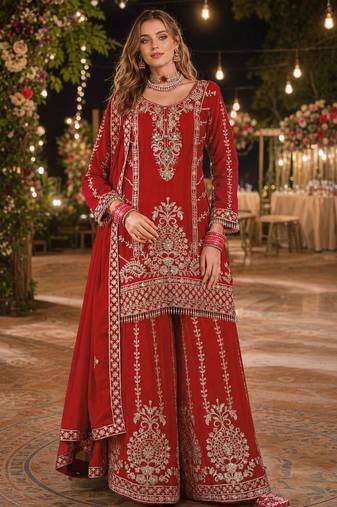 Red chinon free size stitched suit with embroidery work