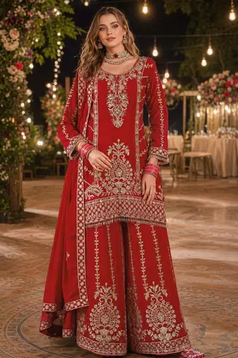 Red chinon free size stitched suit with embroidery work