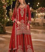 Red chinon free size stitched suit with embroidery work