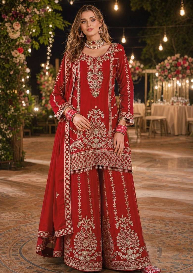 Red chinon free size stitched suit with embroidery work