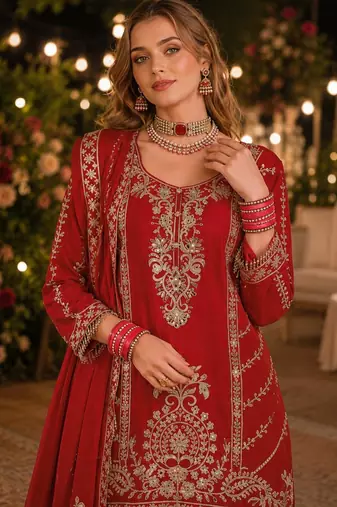 Red chinon free size stitched suit with embroidery work