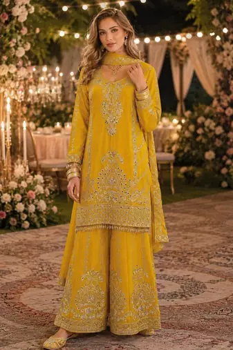 Yellow chinon free size stitched suit with embroidery work