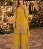 Yellow chinon free size stitched suit with embroidery work