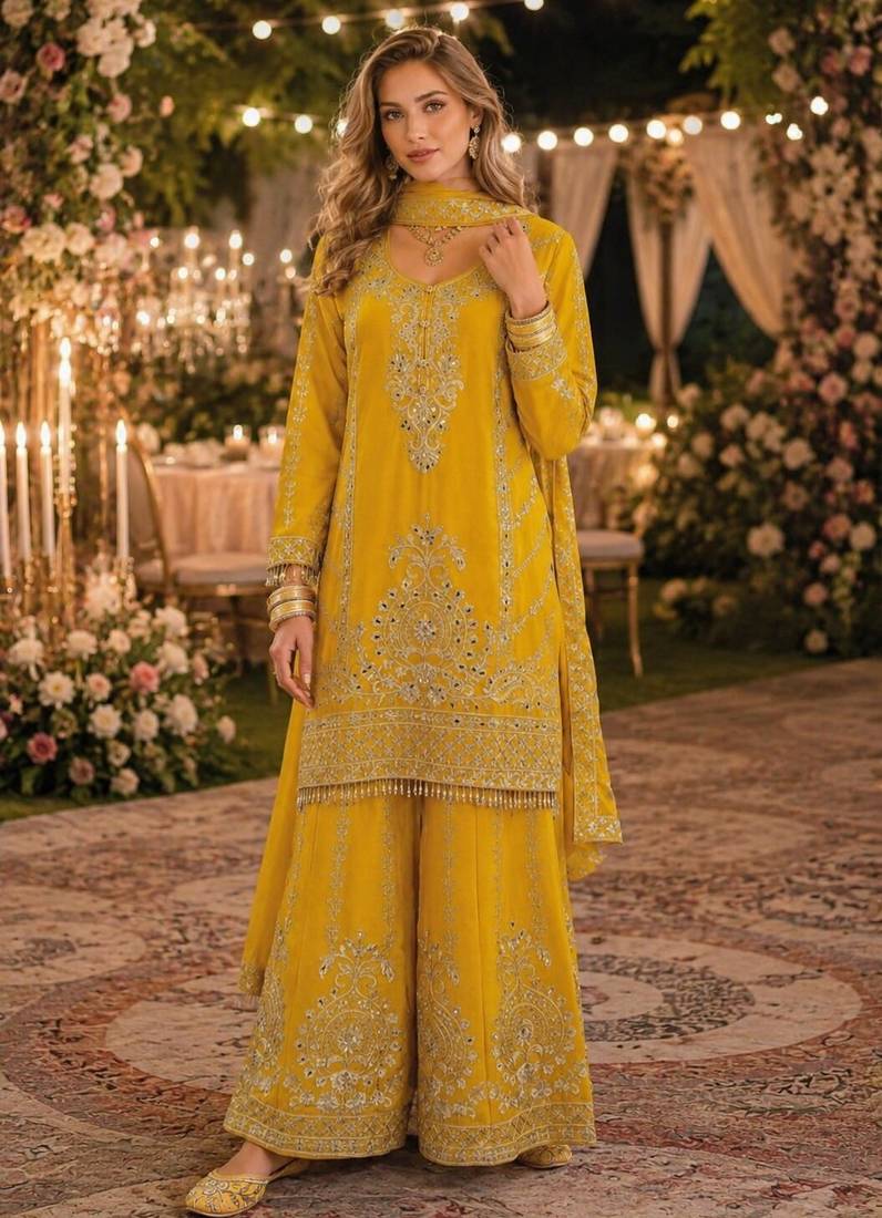 Yellow chinon free size stitched suit with embroidery work
