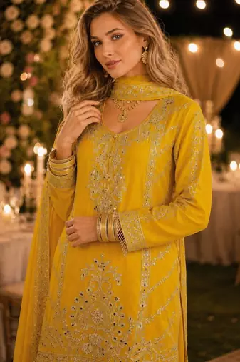 Yellow chinon free size stitched suit with embroidery work