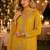 Yellow chinon free size stitched suit with embroidery work