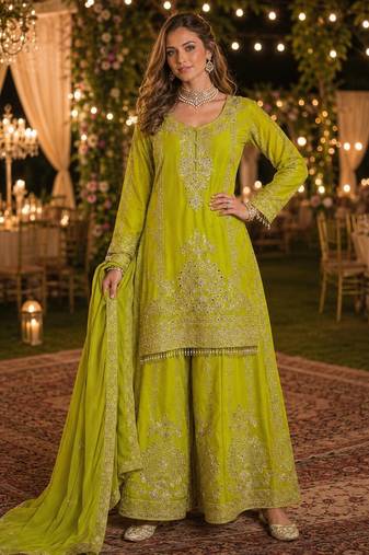Green chinon free size stitched suit with embroidery work