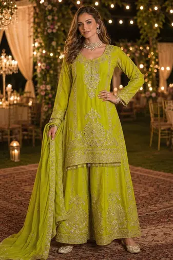 Green chinon free size stitched suit with embroidery work