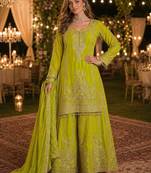 Green chinon free size stitched suit with embroidery work