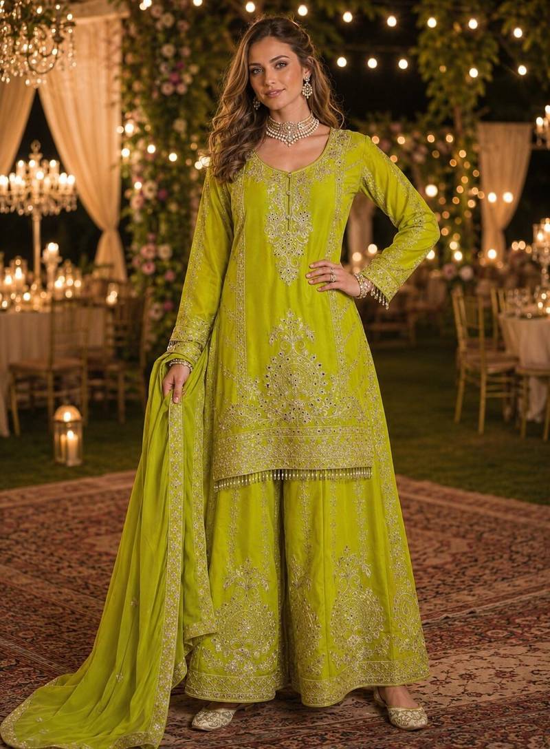 Green chinon free size stitched suit with embroidery work