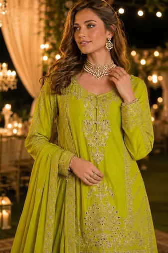 Green chinon free size stitched suit with embroidery work