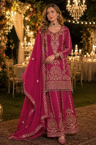 Magenta chinon free size stitched suit with embroidery work