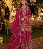 Magenta chinon free size stitched suit with embroidery work
