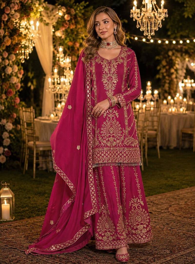 Magenta chinon free size stitched suit with embroidery work