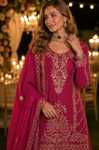 Magenta chinon free size stitched suit with embroidery work