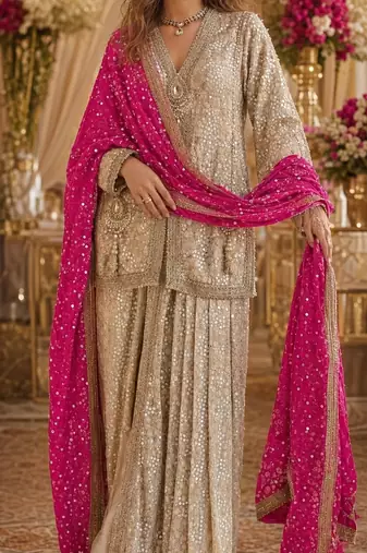 Cream georgette free size stitched suit with embroidery & beats work