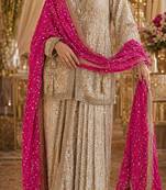 Cream georgette free size stitched suit with embroidery & beats work