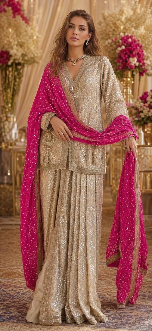 Cream georgette free size stitched suit with embroidery & beats work