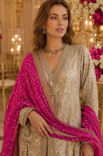 Cream georgette free size stitched suit with embroidery & beats work