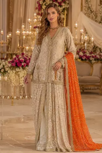 Cream georgette free size stitched suit with embroidery & beats work