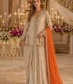 Cream georgette free size stitched suit with embroidery & beats work