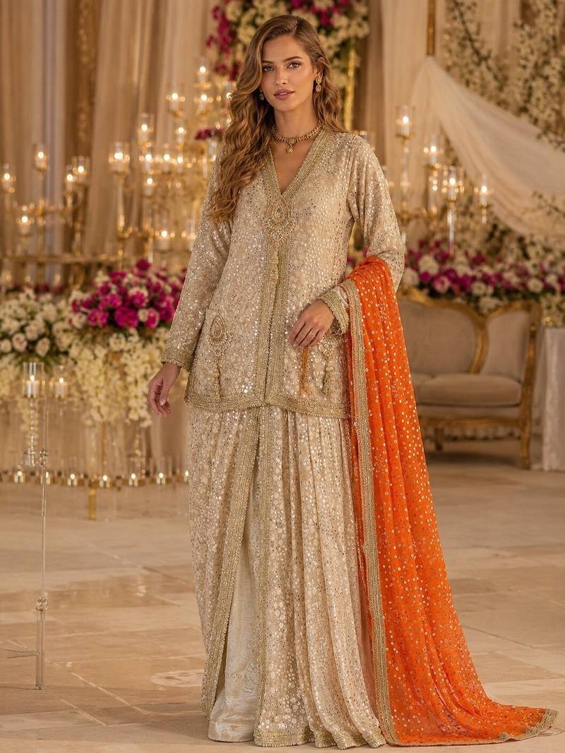 Cream georgette free size stitched suit with embroidery & beats work