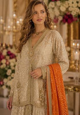 Cream georgette free size stitched suit with embroidery & beats work 2