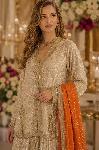 Cream georgette free size stitched suit with embroidery & beats work