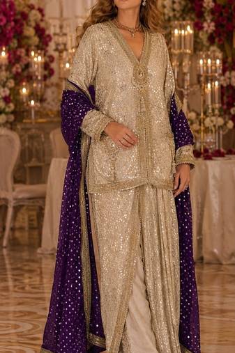Cream georgette free size stitched suit with embroidery & beats work