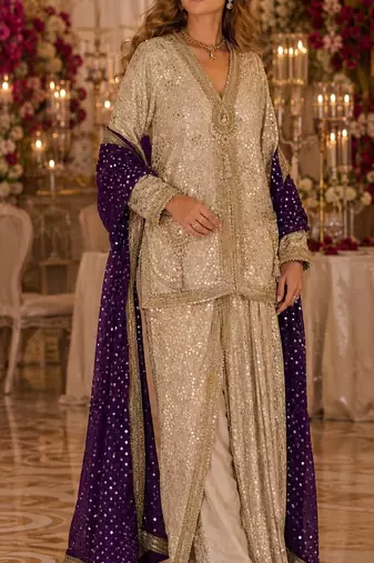 Cream georgette free size stitched suit with embroidery & beats work