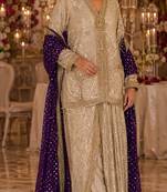Cream georgette free size stitched suit with embroidery & beats work