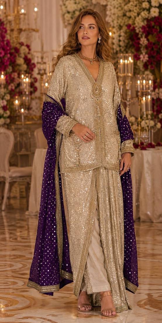 Cream georgette free size stitched suit with embroidery & beats work