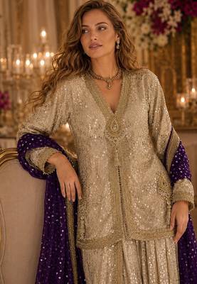 Cream georgette free size stitched suit with embroidery & beats work 2