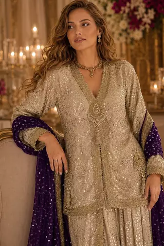 Cream georgette free size stitched suit with embroidery & beats work