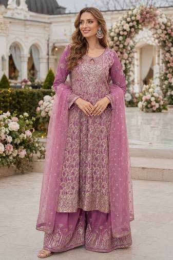 Purple georgette free size stitched suit with embroidery & zarkan work
