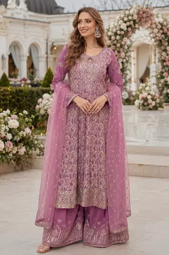 Purple georgette free size stitched suit with embroidery & zarkan work