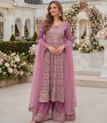 Purple georgette free size stitched suit with embroidery & zarkan work
