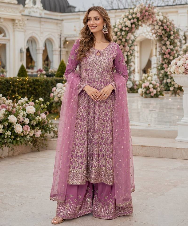 Purple georgette free size stitched suit with embroidery & zarkan work