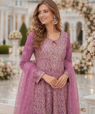 Purple georgette free size stitched suit with embroidery & zarkan work 2