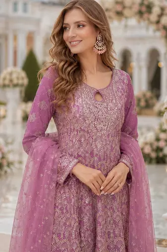 Purple georgette free size stitched suit with embroidery & zarkan work