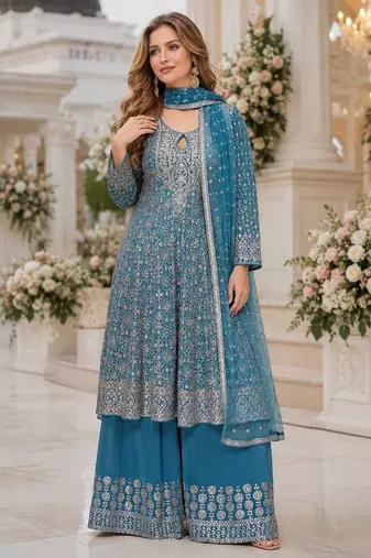 Blue georgette free size stitched suit with embroidery & zarkan work