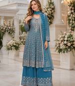 Blue georgette free size stitched suit with embroidery & zarkan work