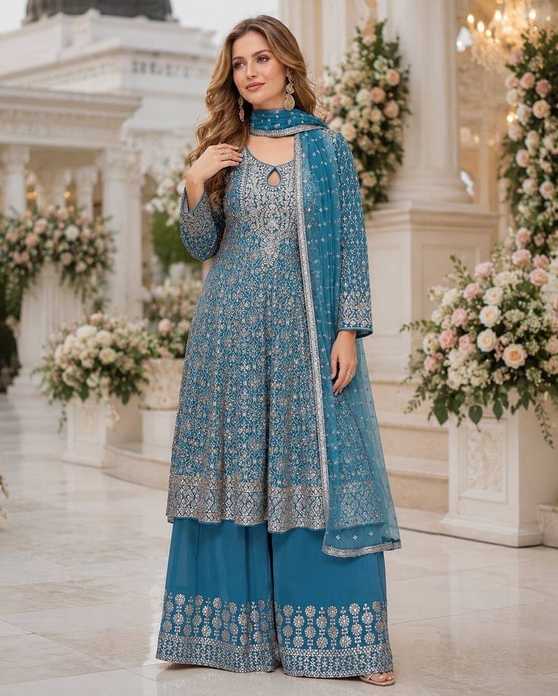Blue georgette free size stitched suit with embroidery & zarkan work