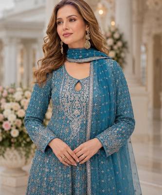 Blue georgette free size stitched suit with embroidery & zarkan work 2